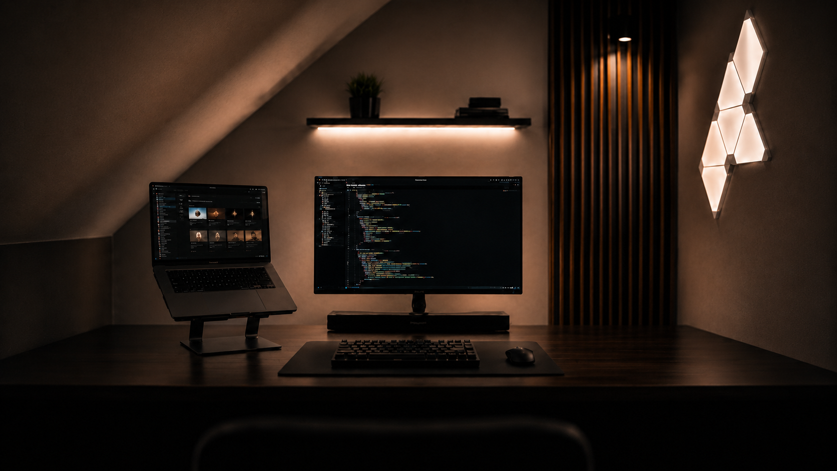 Escritorio de trabajo desenfocado con laptop, monitor, taza y planta