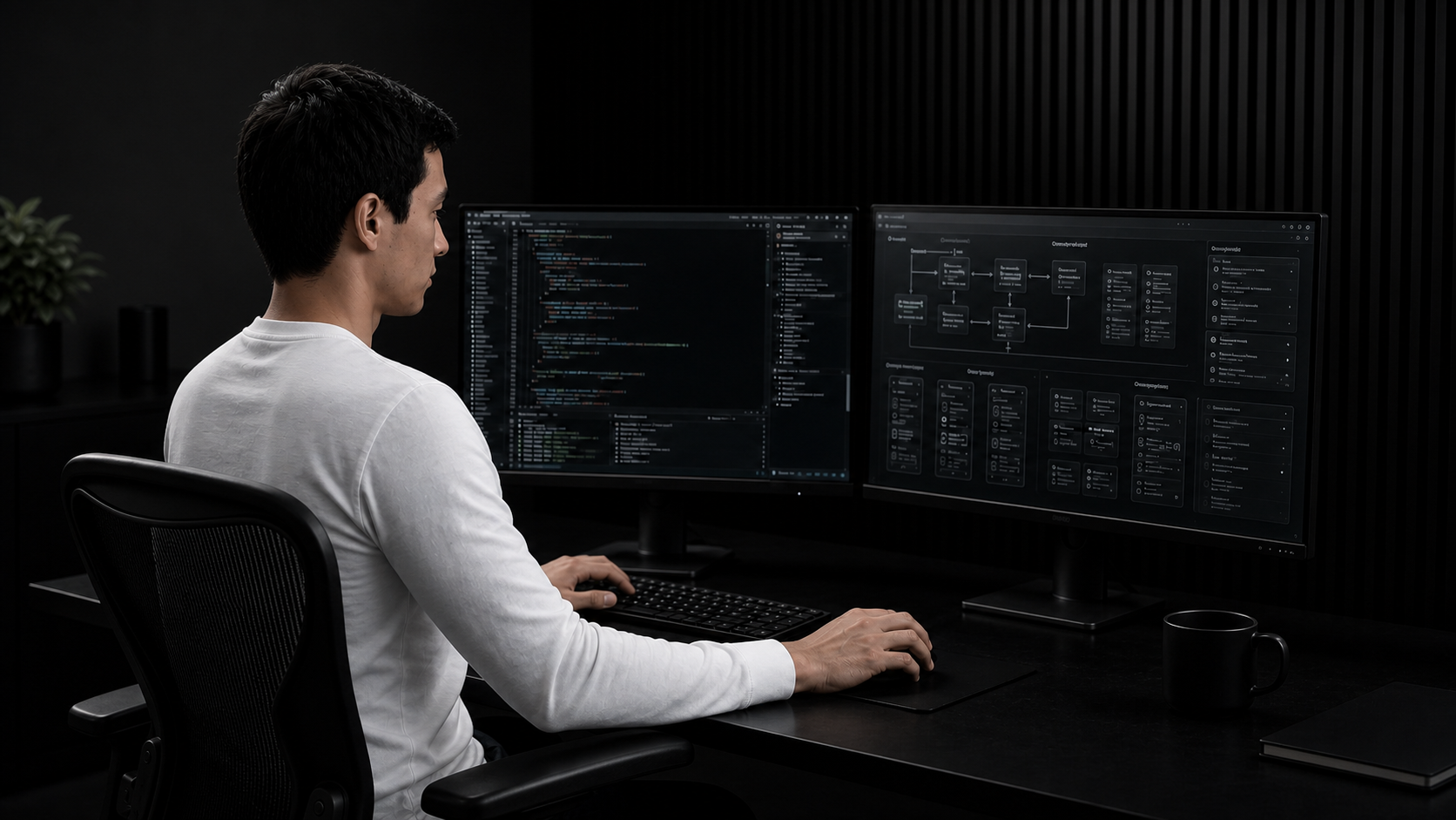 Mesa de trabajo oscura con laptop y diagrama de flujo
